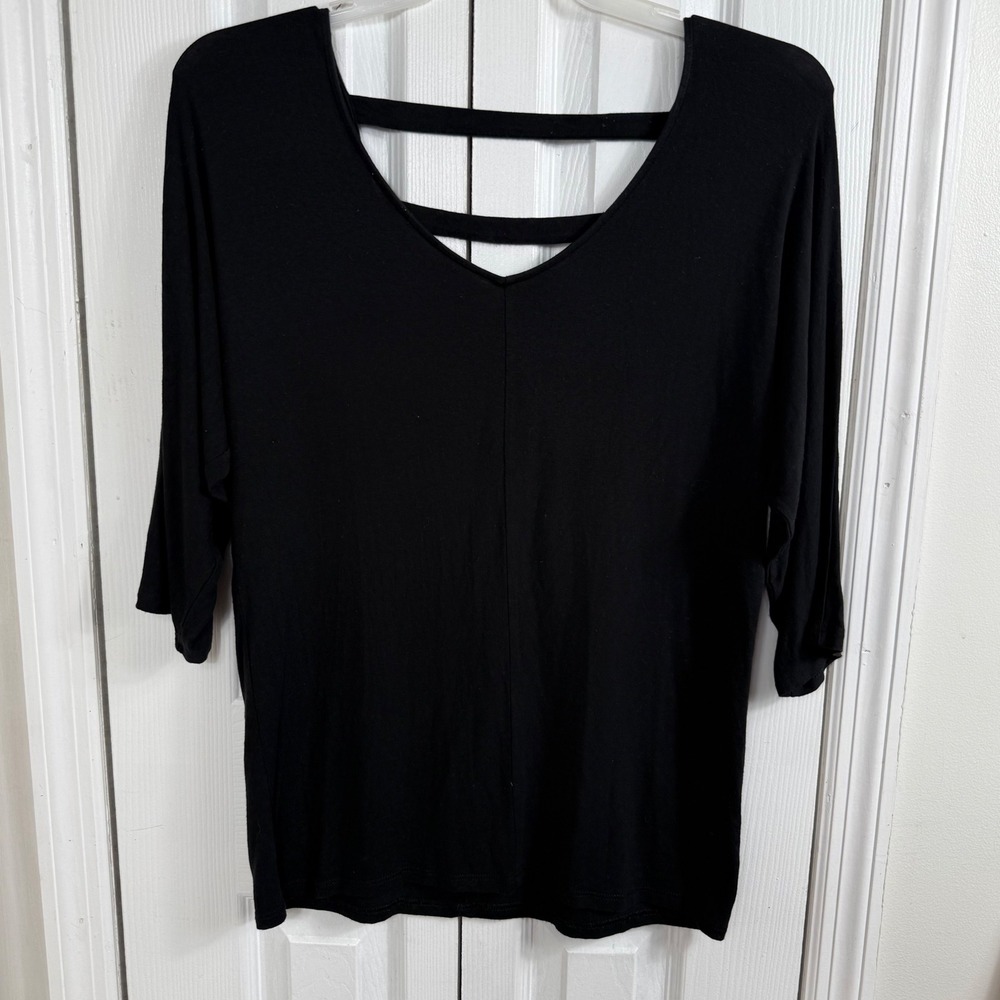 White House Black Market Strappy Back Top L Black Minimalist Chic 3/4 Sleeve